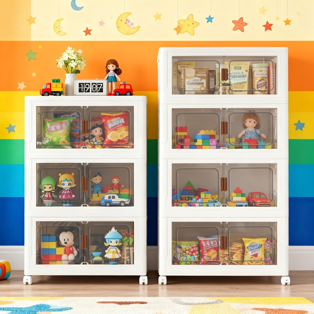 Stackable Foldable Storage Cabinet with Door ¨C PP Plastic 1/2/3/4/5 Layer Organizer Box with Wheels & Cover | Dual-Access Home Storage for Clothes, Books, Snacks & Kitchen Supplies | Office & Garage
