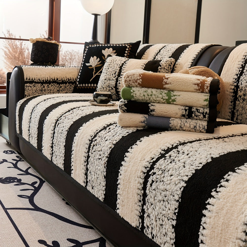 Sofa Cover Plush Jacquard Thick Non-Slip Couch Protector - Pet Friendly Furniture Cover for Living Room Bedroom Office, Machine Washable Retro Style Sofa Slipcover, Loveseat & 4-Seater, Black Grey Green Coffee