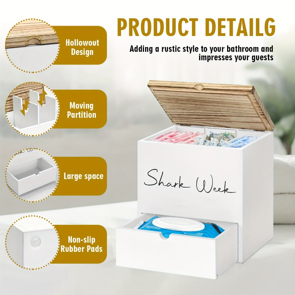 Tampon & Pad Organizer Box with Lid - Wooden Bathroom Storage Bin with Drawer, 3-Compartment Feminine Products Caddy, Farmhouse Bathroom Decor