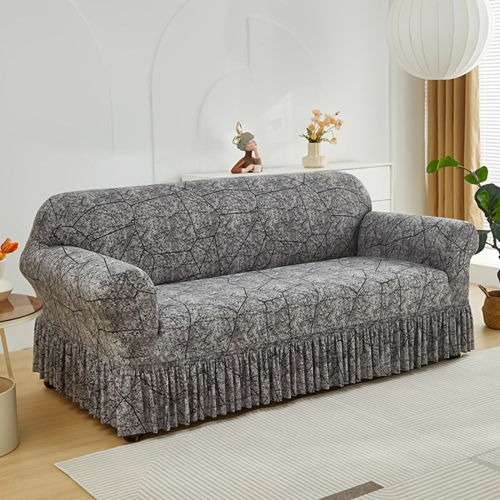 Printed Elastic Skirt Sofa Cover Modern Hem Design Stretch Sofa Slipcover Protective Furniture Cover for Living Room Single 2 3 4 Seater Machine Washable