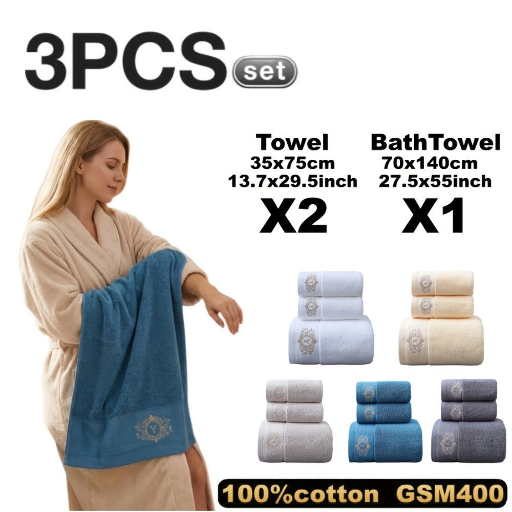 Embroidered Cotton Towel Set 3-Piece ¨C 400g/©O Soft Absorbent Lint-Free Bath Towel Hand Towel Set for Home Spa Salon
