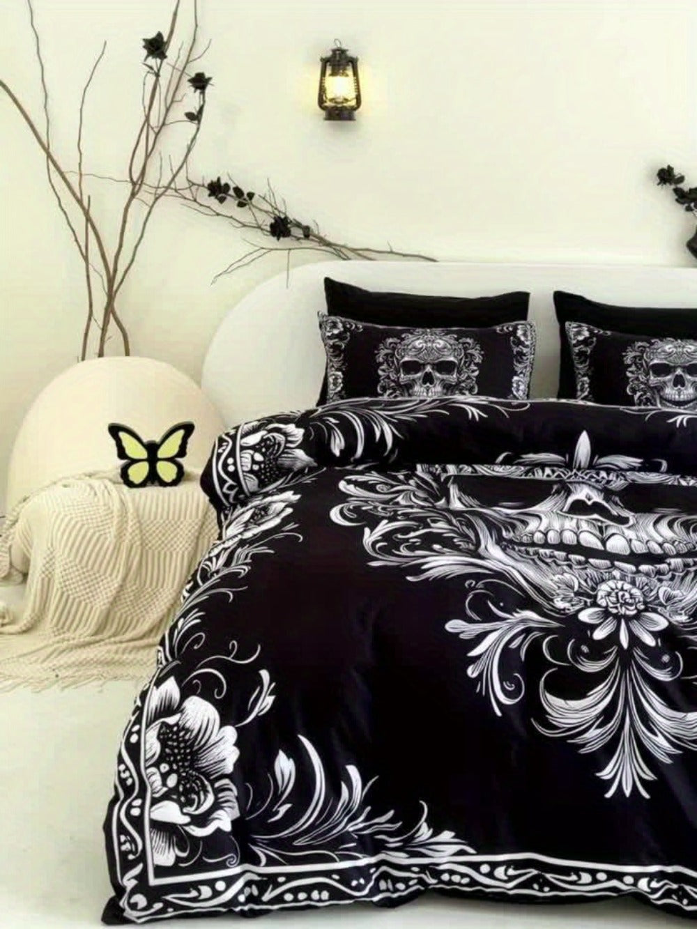 Skull Duvet Cover Set 3pcs ¨C Gothic Victorian Baroque Black & White Skull Bedding with 2 Pillowcases, Digital Print Halloween Bedroom Decor (Twin, Full, Queen, King ¨C No Insert)