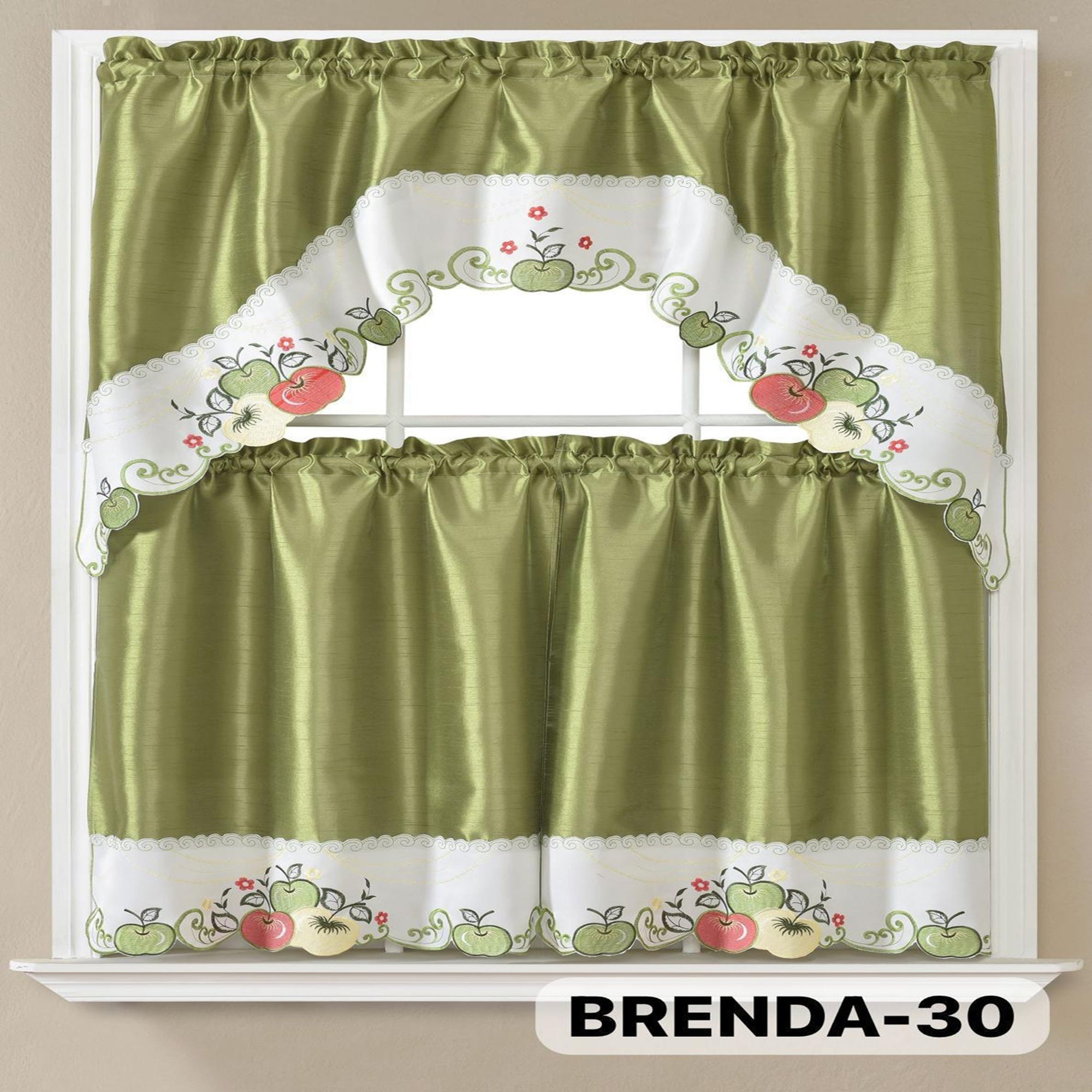 Kitchen Curtains 3 Piece Set Embroidered Satin Valance and Tiers - Rod Pocket Light Filtering Machine Washable 46 Colors Available All Season Home Decor