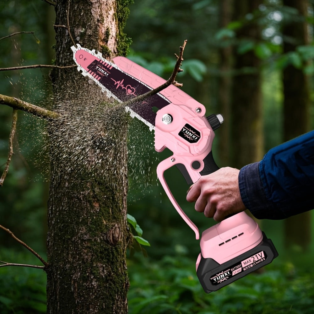 Mini Chainsaw 6 Inch 21V Cordless Battery Powered | Handheld Electric Chain Saw for Tree Branch Trimming Wood Cutting | Lightweight Portable Pruning Saw Pink
