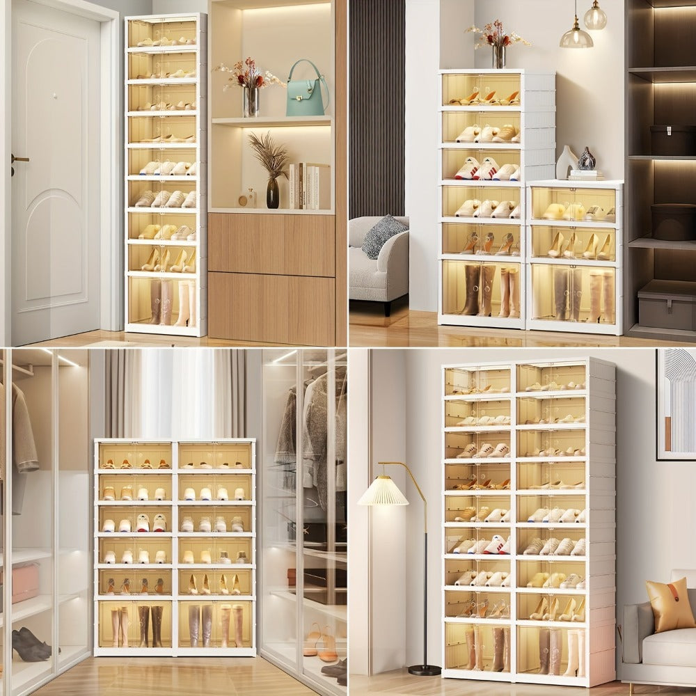 Shoe Rack Organizer 9-Tier, Collapsible Clear Plastic Foldable Stackable Shoe Cabinet with Shelves & Doors ¡ª No Assembly, Space-Saving Narrow Storage for Hallway, Apartment & Small Spaces