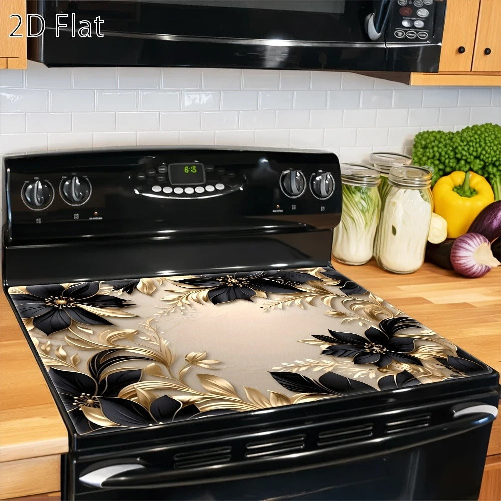 Gas Stove Protector Mat Luxury Black Gold Floral | Heat-Resistant Stain-Proof Cooktop Cover | Reusable for Induction Cooker, Glass Cooktop, Oven & Washer Dryer Top