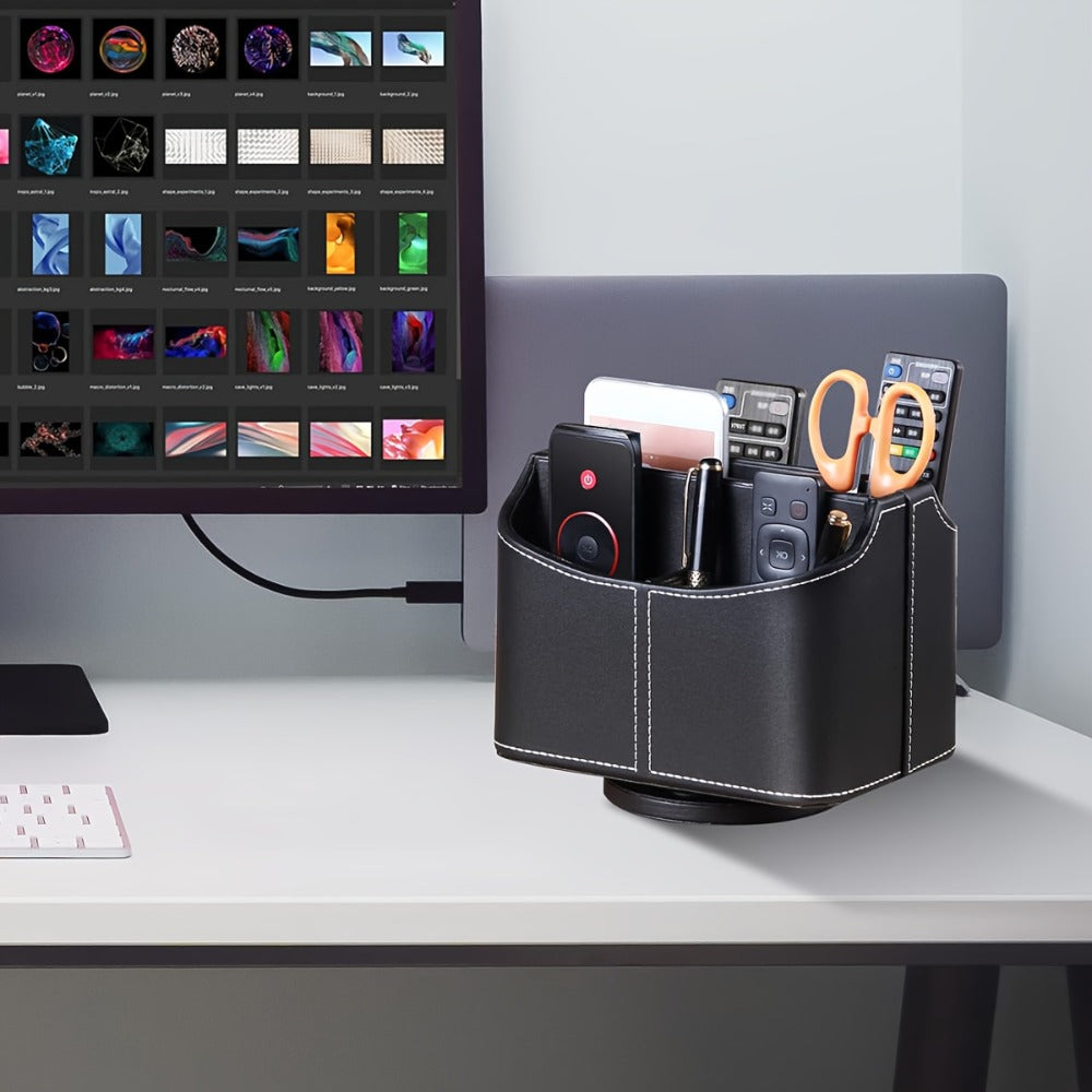 360¡ã Swivel Remote Control Holder with 5 Compartments ¨C PU Leather Desktop Organizer Caddy for TV Remotes, Phones, Glasses, Cosmetics & Stationery, Rotating Storage Box for Home Office Nightstand