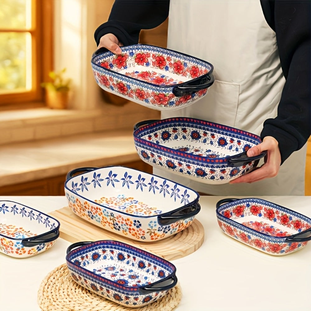 Ceramic Baking Dish Set of 2 Large 13 Inch Rectangular Casserole Dish Porcelain Bohemian Bakeware for Lasagna Roasting Casseroles Oven Safe Red Blue Yellow