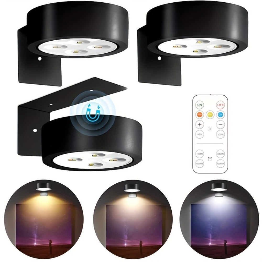 Battery Operated Picture Lights 3-Pack, Magnetic Painting Light with Remote & Timer, 3 Lighting Modes Dimmable Wireless Wall Puck Lights for Art Frames Portraits ¨C Black