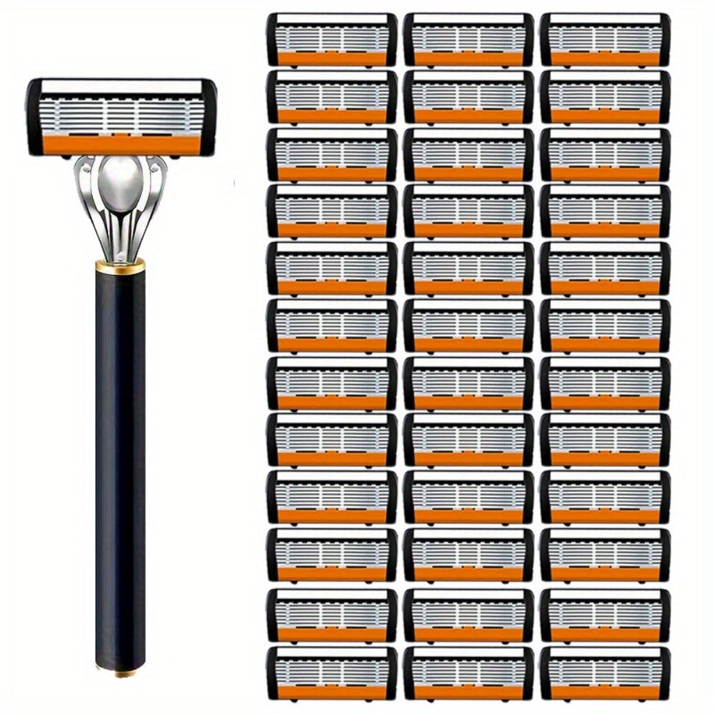 Safety Razor Set with Replacement Blades ¨C Anti-Slip Metal Handle, Contour Fitting, Fully Washable Shaving Kit for Men | 24 or 36 Blades
