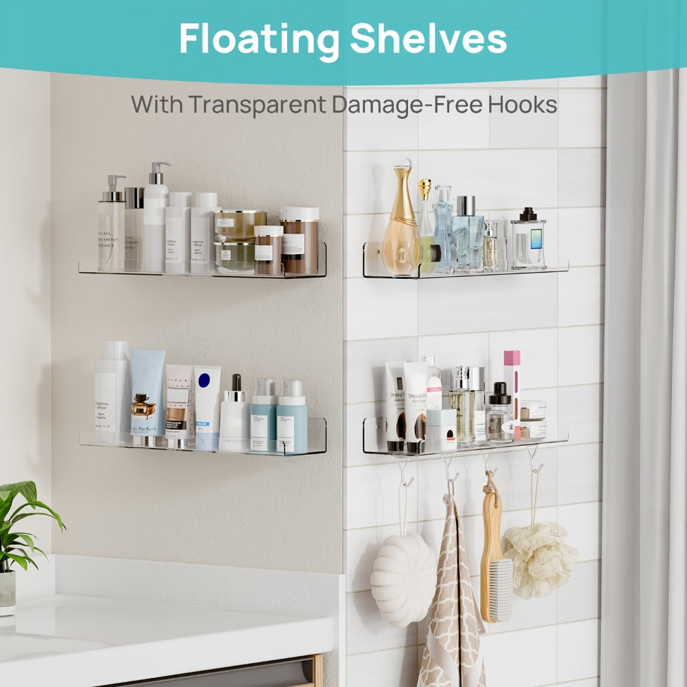 Acrylic Floating Shelves for Wall 4-Pack with 4 Hooks | Clear Wall Mounted Display Shelf Organizer | Bathroom Bedroom Living Room Kitchen Decor | Invisible Floating Wall Shelf Storage Set