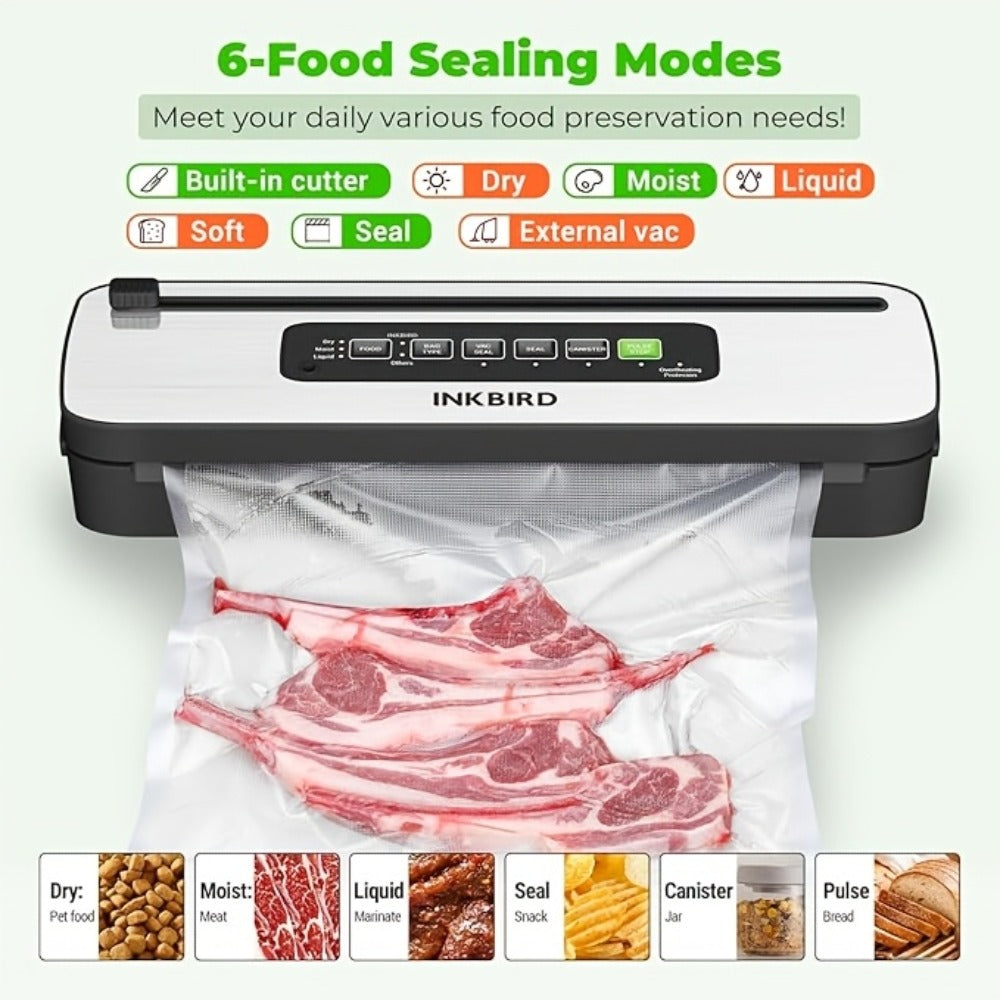 Vacuum Sealer Machine 85KPA ¨C INKBIRD 10-in-1 Food Sealer with Bag Storage, Built-In Cutter, Moist/Dry/Pulse/Liquid/Canister Modes, 200 Continuous Seals, Compact Design for Food Preservation & Sous Vide