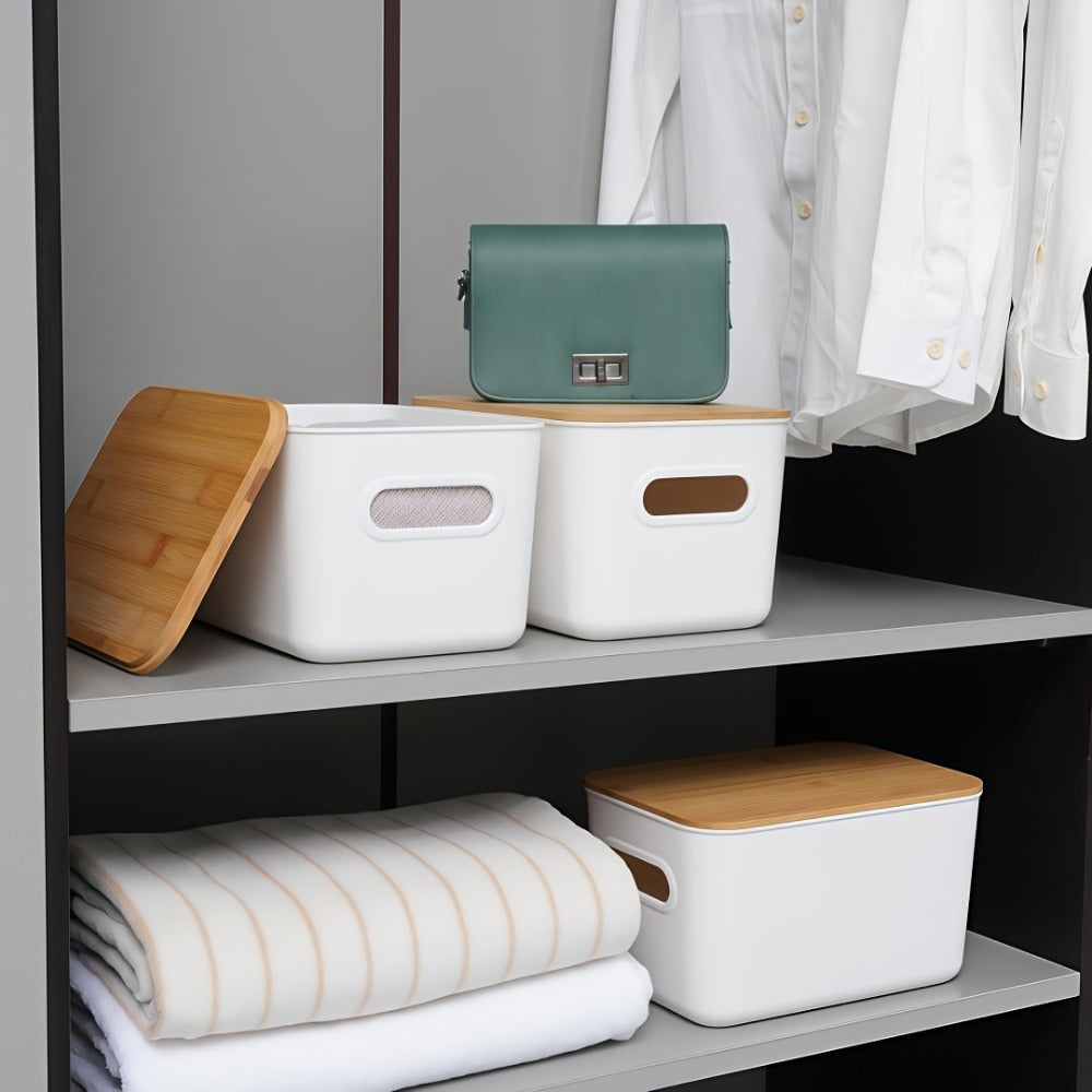 Plastic Storage Bins with Wood Lids Stackable Organizer with Handle and Labels for Home Office Kitchen Bedroom Closet Playroom 1 2 4 8 Pack