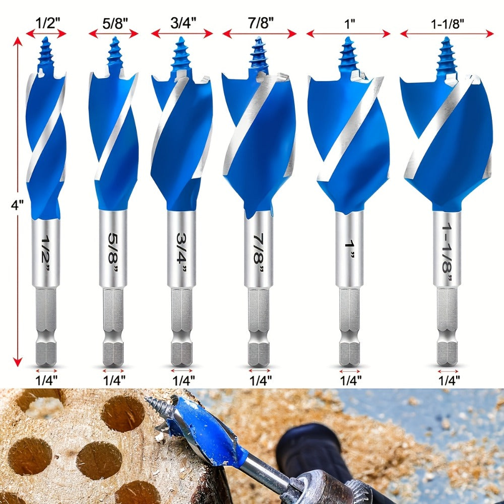Impact Drill Bit Set 6-Piece Woodworking ¨C 1/2¡± to 1¡± Interchangeable Screwdriver Bits, 4-Inch Length with Storage Box, Multi-Size Spade Bit Kit for Wood Drilling & DIY Projects