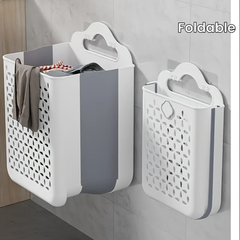 Foldable Laundry Basket Wall Mounted ¨C No-Drill Plastic Storage Bin with Cutout Design for Clothes, Toys, Snacks & Fruits ¨C Space-Saving Collapsible Organizer for Bathroom, Balcony & Bedroom