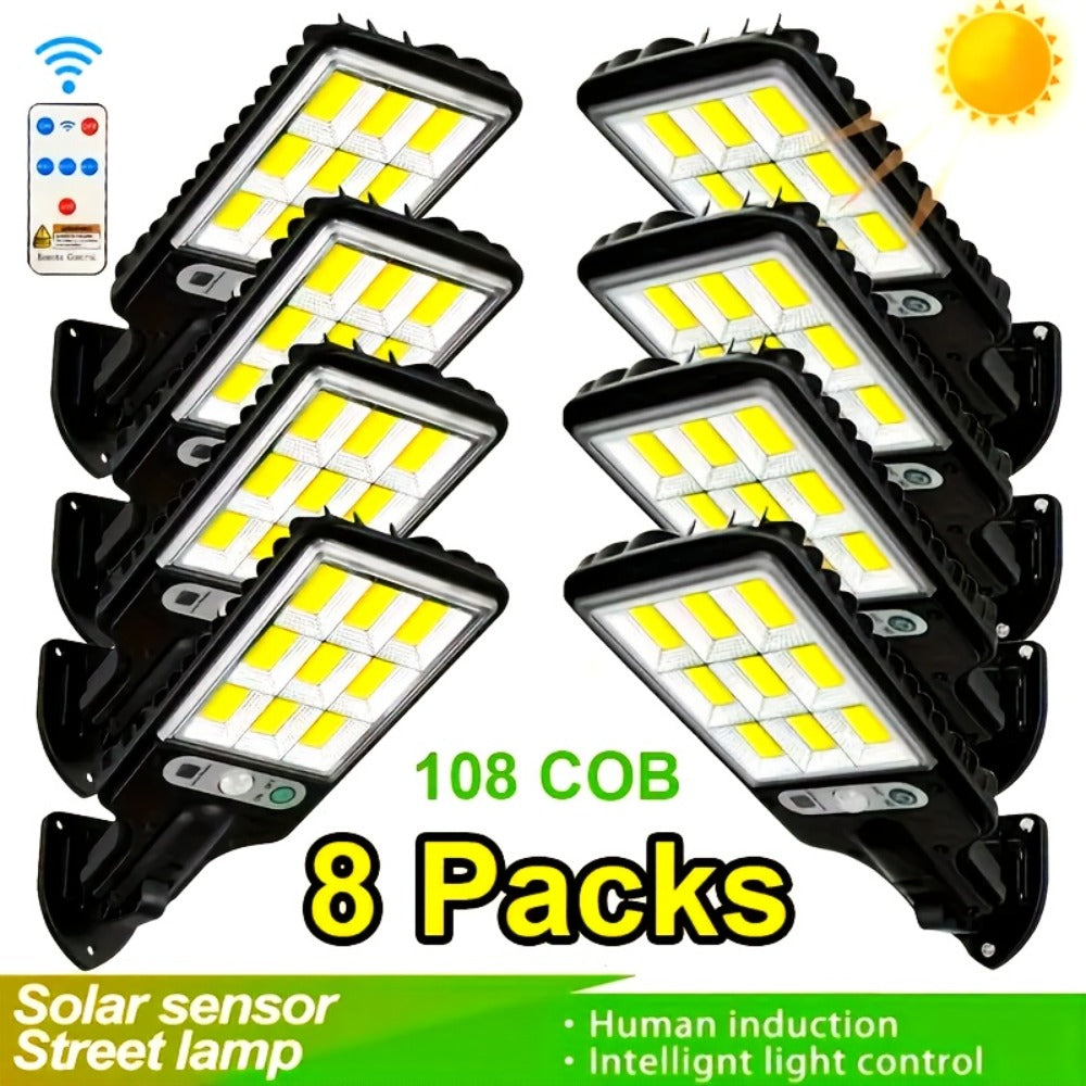 Solar Motion Sensor Security Wall Light 108COB LED ¨C Outdoor Solar Powered Street Light with Remote Control & 3 Modes | Waterproof Garden Spotlight for Patio, Porch, Door & Garage | 2/4/8pcs Pack