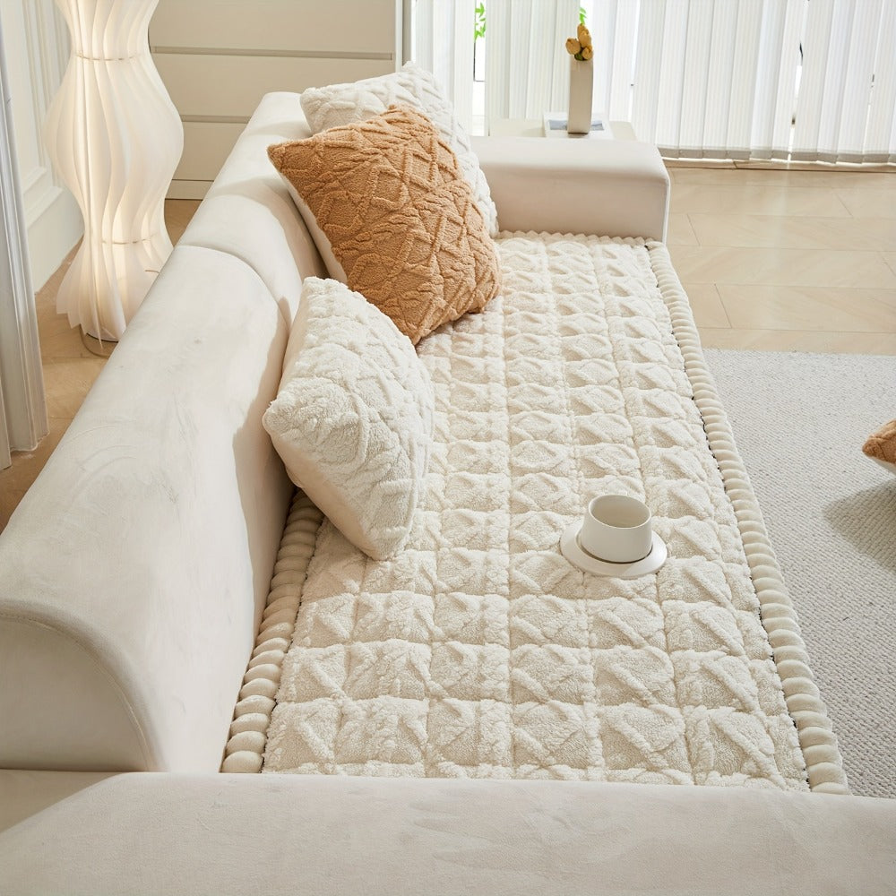 Bohemian Quilted Sofa Cover with Ruffles - 300GSM Shu Velveteen Anti-Slip Pet Friendly Machine Washable Plush Slipcover for Loveseat 3-4 Seater Sectional Sofa, 5 Colors