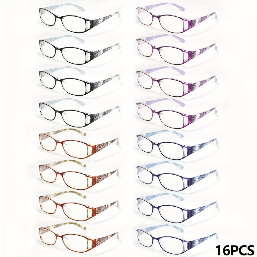 Womens Reading Glasses 16 Pack Elegant Square Full Frame High Definition Lenses 4 Colors Purple Blue Brown Black Comfortable Stylish Readers for Computer Book Reading Long Distance Magnification 1.0 to 4.0