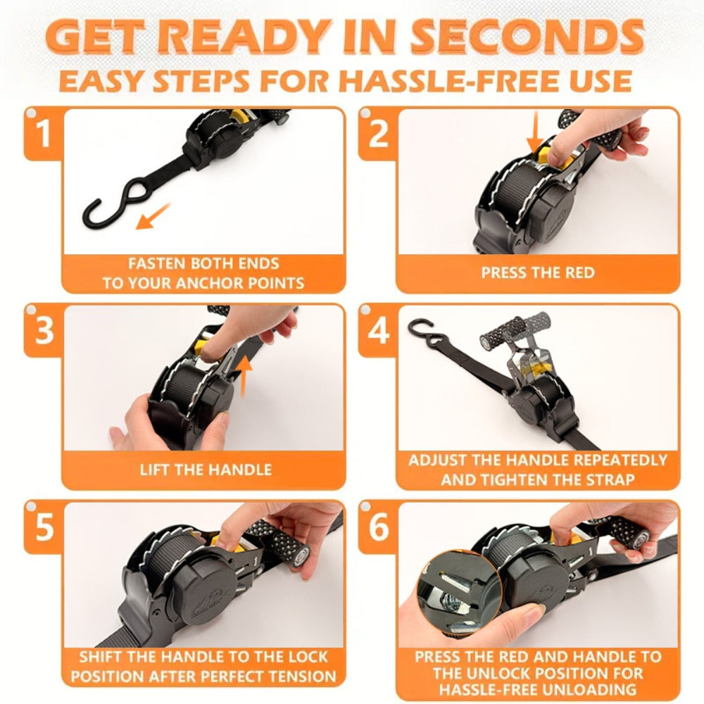 Self-Retracting Tie Down Straps 10 Feet Heavy Duty Ratchet Cargo Straps ¨C Auto Retract for Truck Trailer Motorcycle Moving & Appliances, 1pc or 2pc Pack