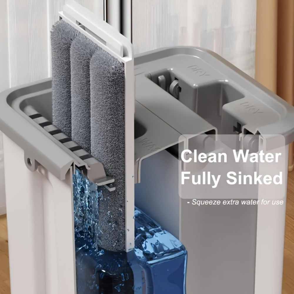 Flat Mop and Bucket Set with Wringer Metal Handle 2 Reusable Microfiber Pads Floor Mopping System for Bedroom Bathroom Kitchen Living Room Wall Floor Cleaning