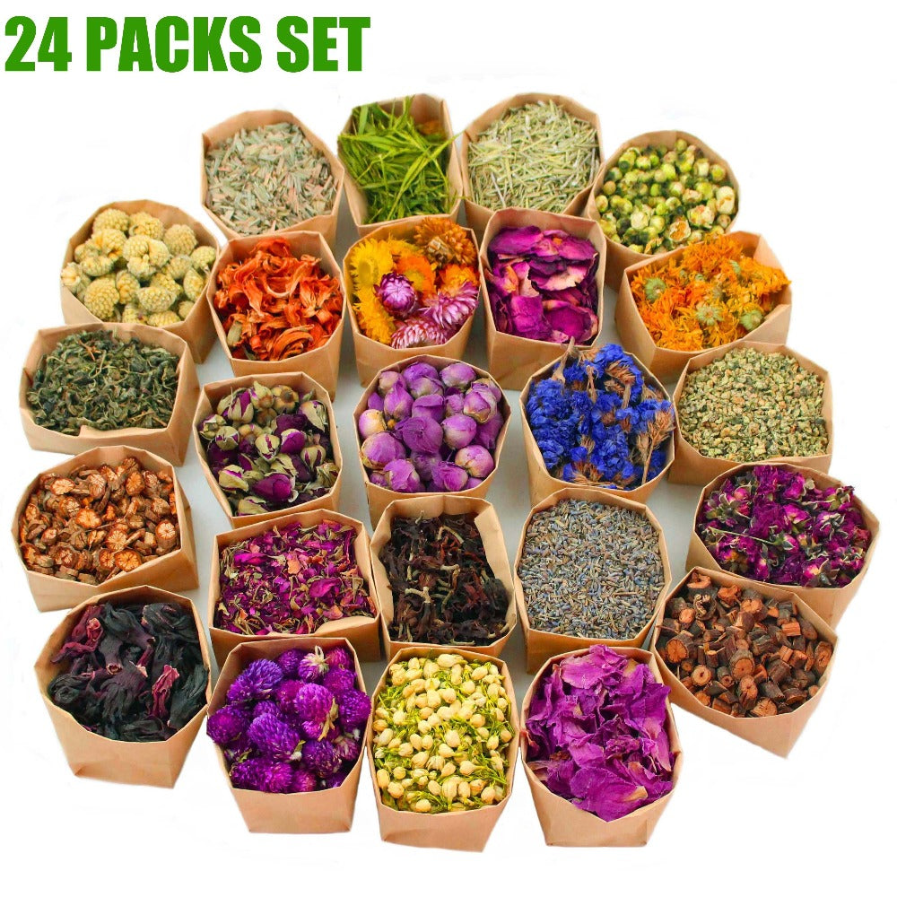 Dried Flowers Craft Set 24 Packs Natural Dried Botanicals for Resin Jewelry Making DIY Candle Soap Scrapbook Seasonal Decor Roses Lavender Jasmine Peony Forget-Me-Not Mixed Flower Kit