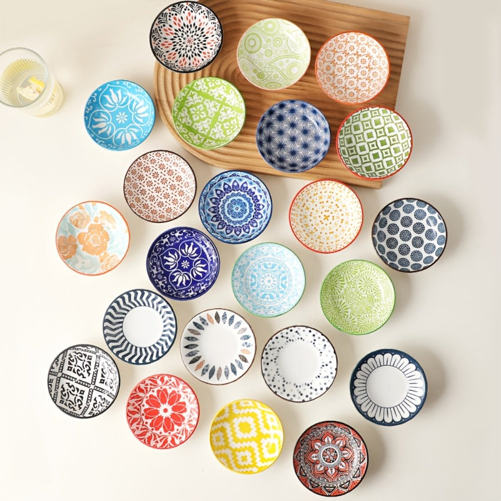 Dipping Sauce Dish Set 10/12 Piece Bohemian Ceramic ¨C Colorful Small Plates for Soy Sauce Vinegar Spices Condiments Sushi Bar Restaurant Kitchen Party Boho Snack Seasoning Plate