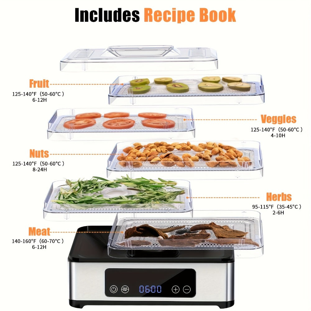 Food Dehydrator Machine 5 Stainless Steel Trays 420W with 48-Hour Timer Temperature Control 95-160¡ãF 360¡ã Airflow BPA-Free Dehydrator for Jerky Herbs Meat Fruit Mushrooms with Recipe Book