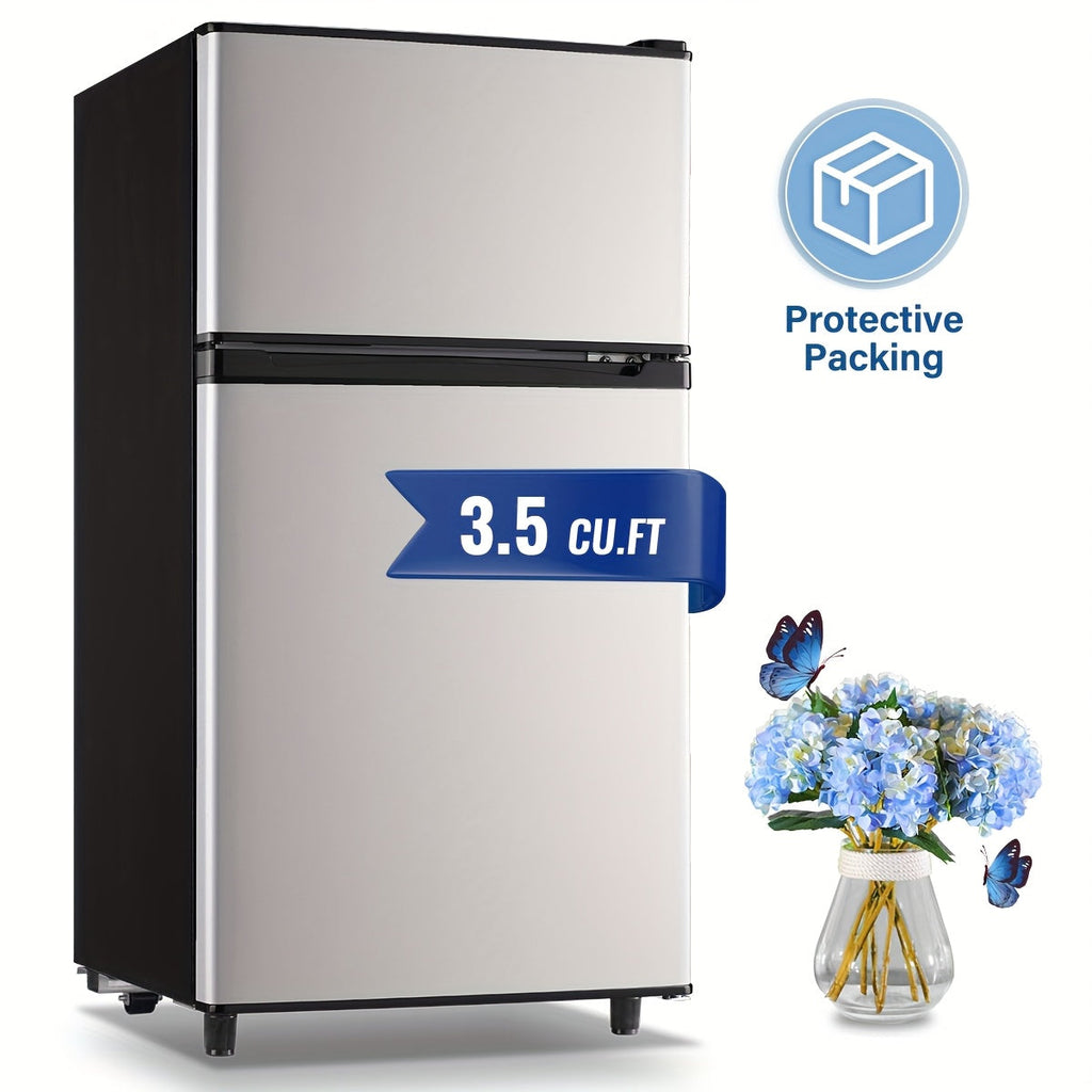 Small Fridge with Freezer, 2-Door Compact Refrigerator with 7-Level Adjustable Thermostat, Removable Shelves & Basket ¨C 2.5 or 3.5 Cu Ft Silver Mini Fridge for Dorm, Office, RV and Bedroom