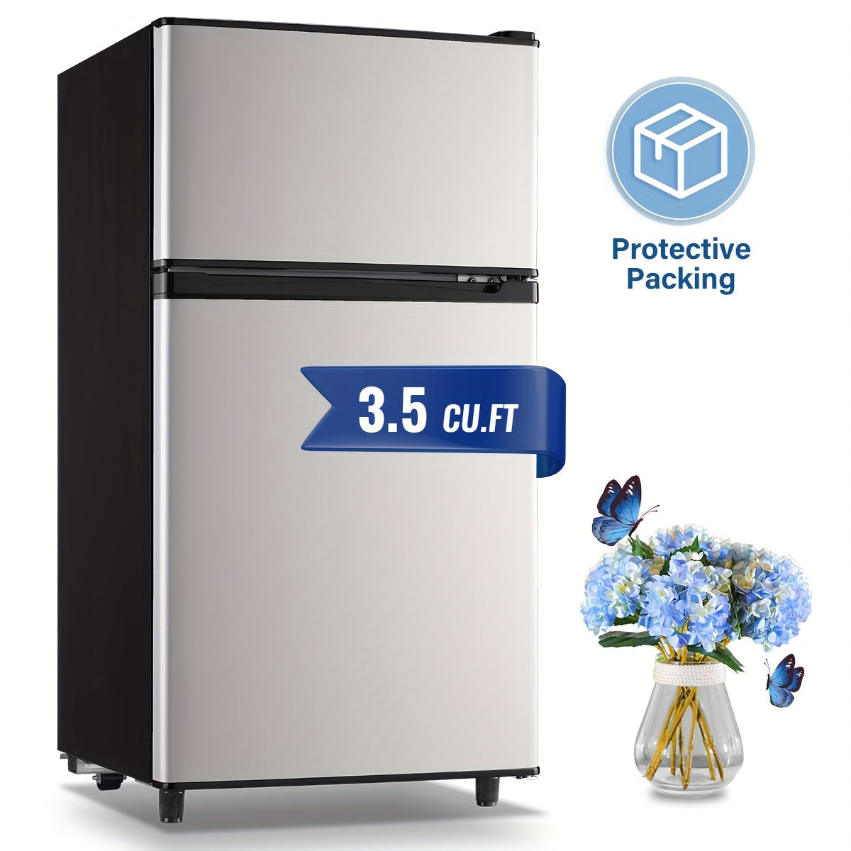 Small Fridge with Freezer, 2-Door Compact Refrigerator with 7-Level Adjustable Thermostat, Removable Shelves & Basket ¨C 2.5 or 3.5 Cu Ft Silver Mini Fridge for Dorm, Office, RV and Bedroom