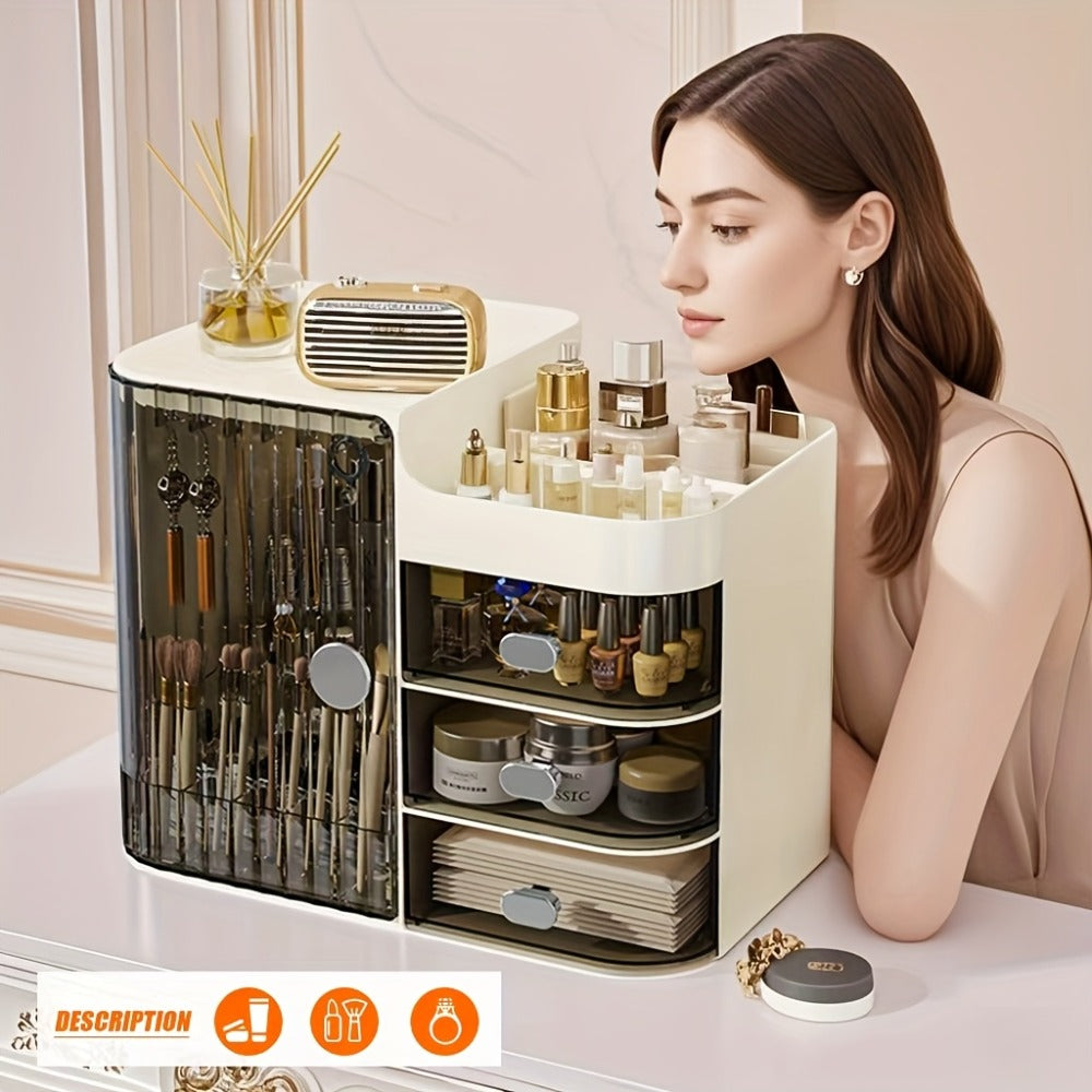 Makeup Organizer with 3 Drawers and Mirror - Large Capacity Cosmetic Storage Box Vanity Organizer for Skincare Contact Lens Display Case Bathroom Counter Organizer | Transparent Black Cream White