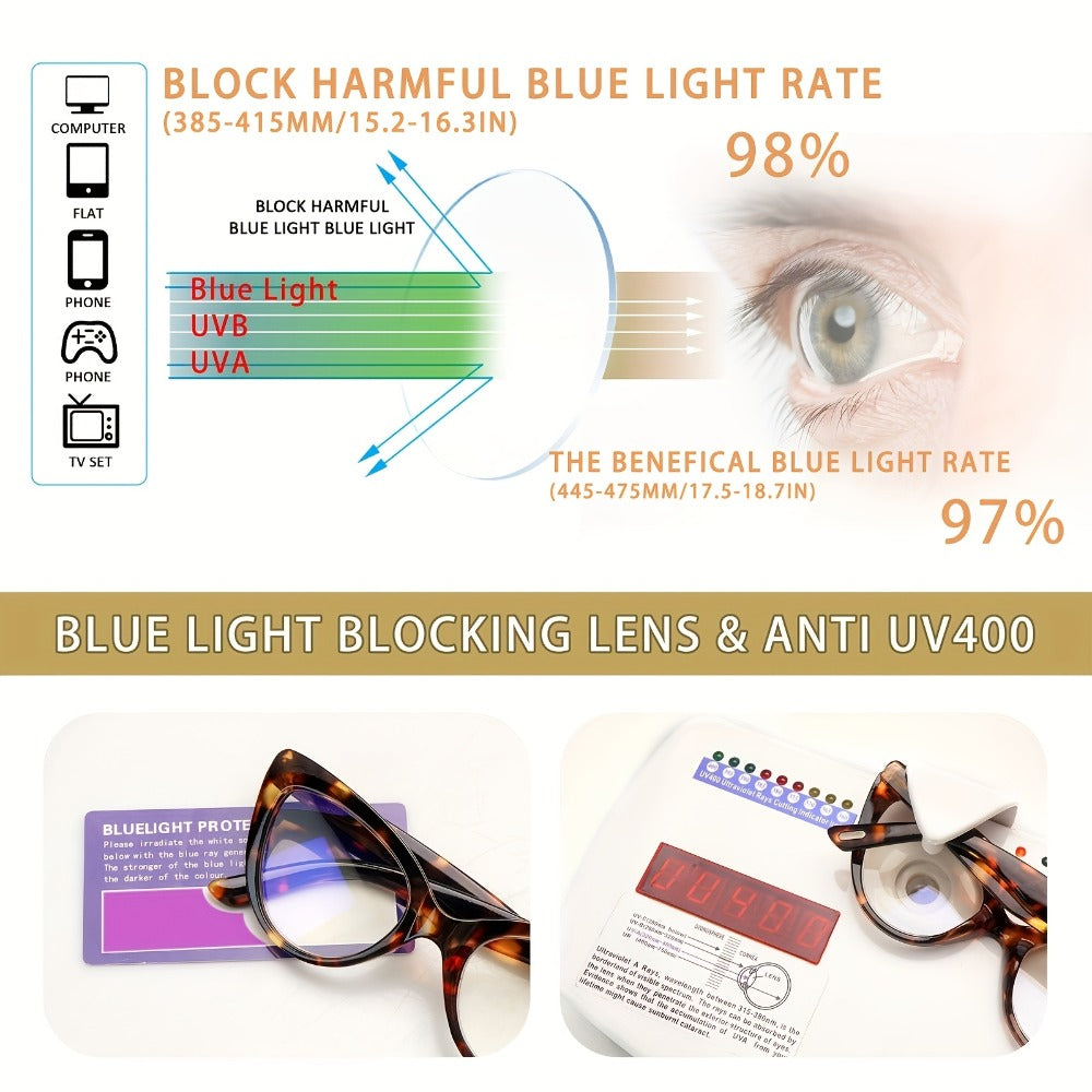 Cat Eye Reading Glasses 4 Pack Women Blue Light Blocking ¨C Leopard Print Gradient Stylish Frames, Spring Hinges, Computer Readers for All Face Shapes, Multiple Magnification Strengths