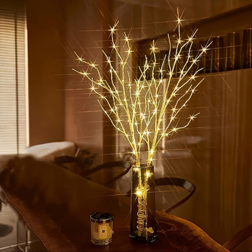 Birch Branch Lights Set of 2, Artificial Luminous Birch Tree Branches with Green Leaves & LED Fairy Lights ¡ª Battery Powered Indoor Decor for Christmas, New Year, Home & Reading Nook