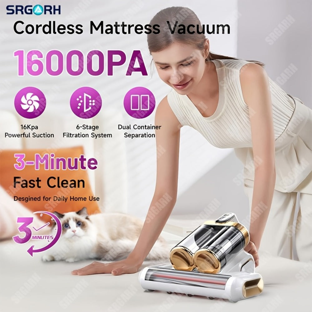 Mattress Vacuum Cleaner Handheld Bed Cleaner ¨C 16KPa Strong Suction with UVC Light & Hot Air Heating, Deep Clean for Pillows, Sofa, Crib & Pet Hair, Double Cup Design, White or Purple