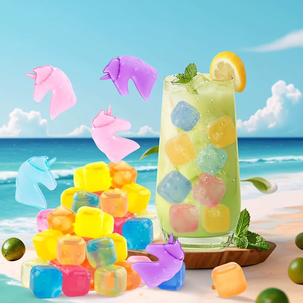 Reusable Plastic Ice Cubes 60/90/120/165 PCS - Non-Melting Non-Diluting Refreezable Ice Cubes for Whiskey, Vodka, Coffee & Cocktails, Rainbow & Unicorn Washable Fake Ice Cubes for Drinks