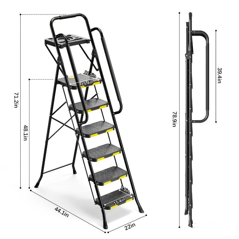 6 Step Ladder with Handrails & Tool Platform 800 LBS ¨C Folding Step Stool Wide Pedal Steel Safety Ladder for Adults, Painting, Home, Garage & Outdoor Use ¨C Auto Safety Lock, Compact Storage