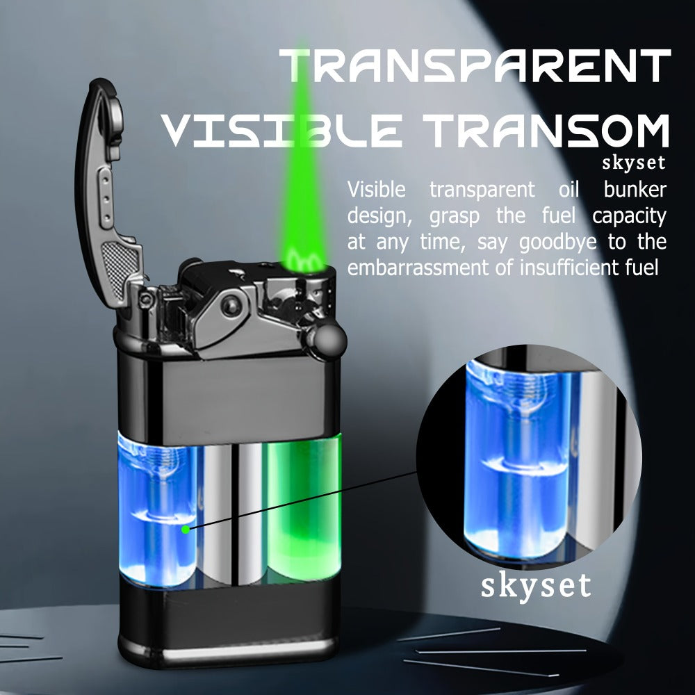 Green Flame Metal Lighter Windproof ¨C Refillable Butane Gas Lighter with Adjustable Flame, Fuel Window & Rocker Arm Ignition, Cool Multifunctional Lighter for Outdoor Camping BBQ Cigars (No Butane)