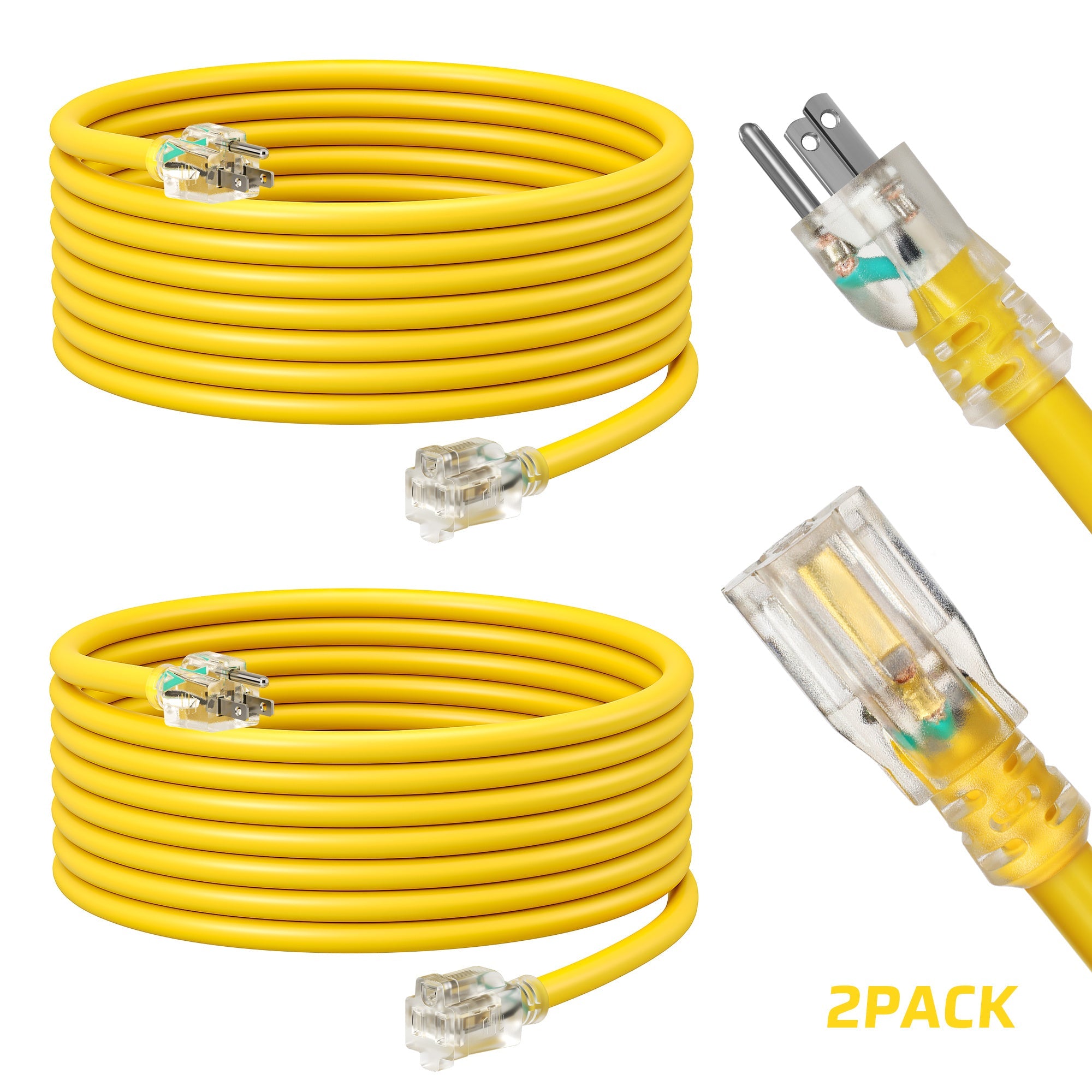 Extension Cord 2 Pack 15ft Heavy Duty Outdoor Indoor SJTW 16/3 Full Copper Wire LED Power Indicator 13A 125V 1625W Grounded 3 Prong