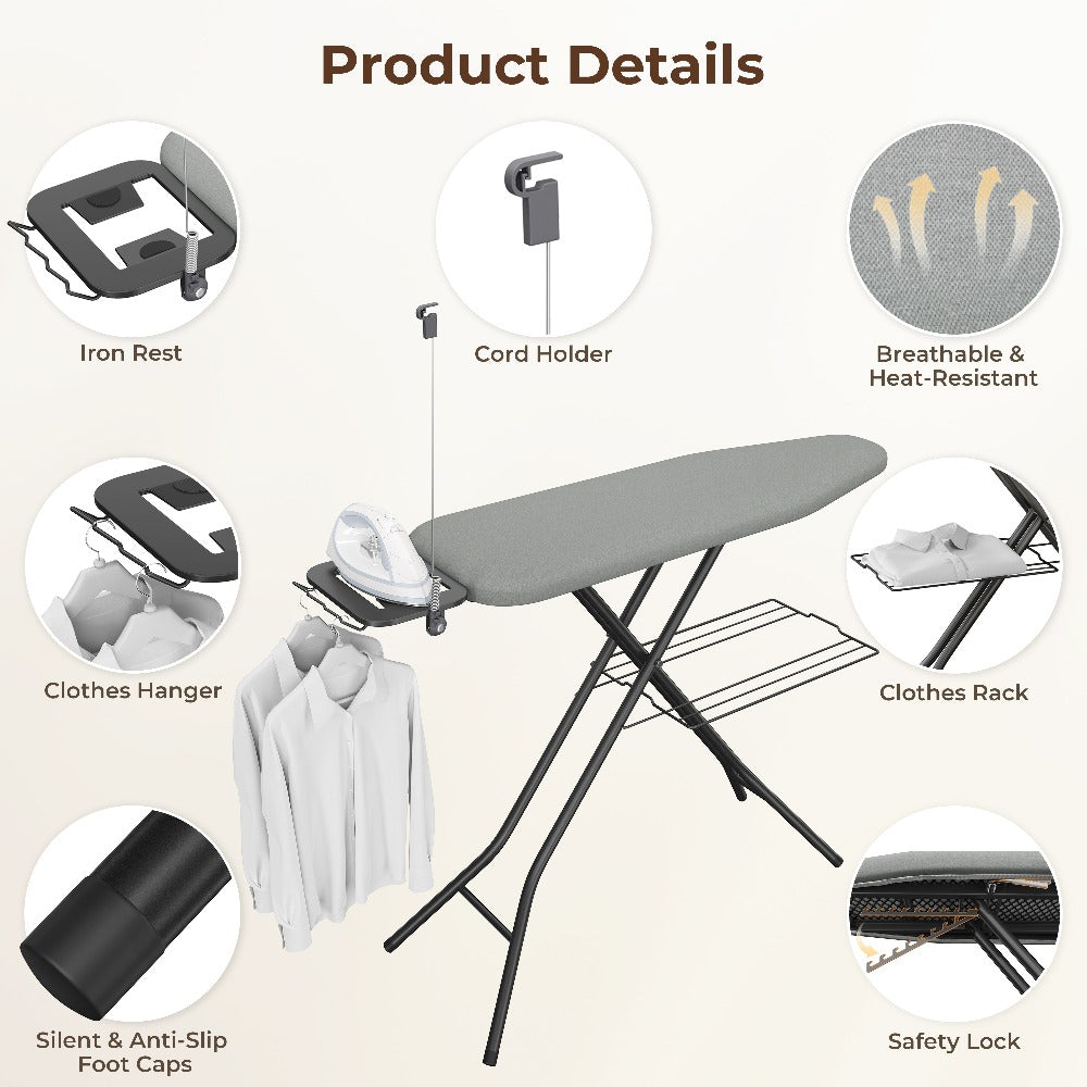 Ironing Board Full Size Foldable Height Adjustable with Clothes Rack Cord Holder 4-Layer Pad Heavy Duty Steel Legs for Laundry Room Living Room Dorm