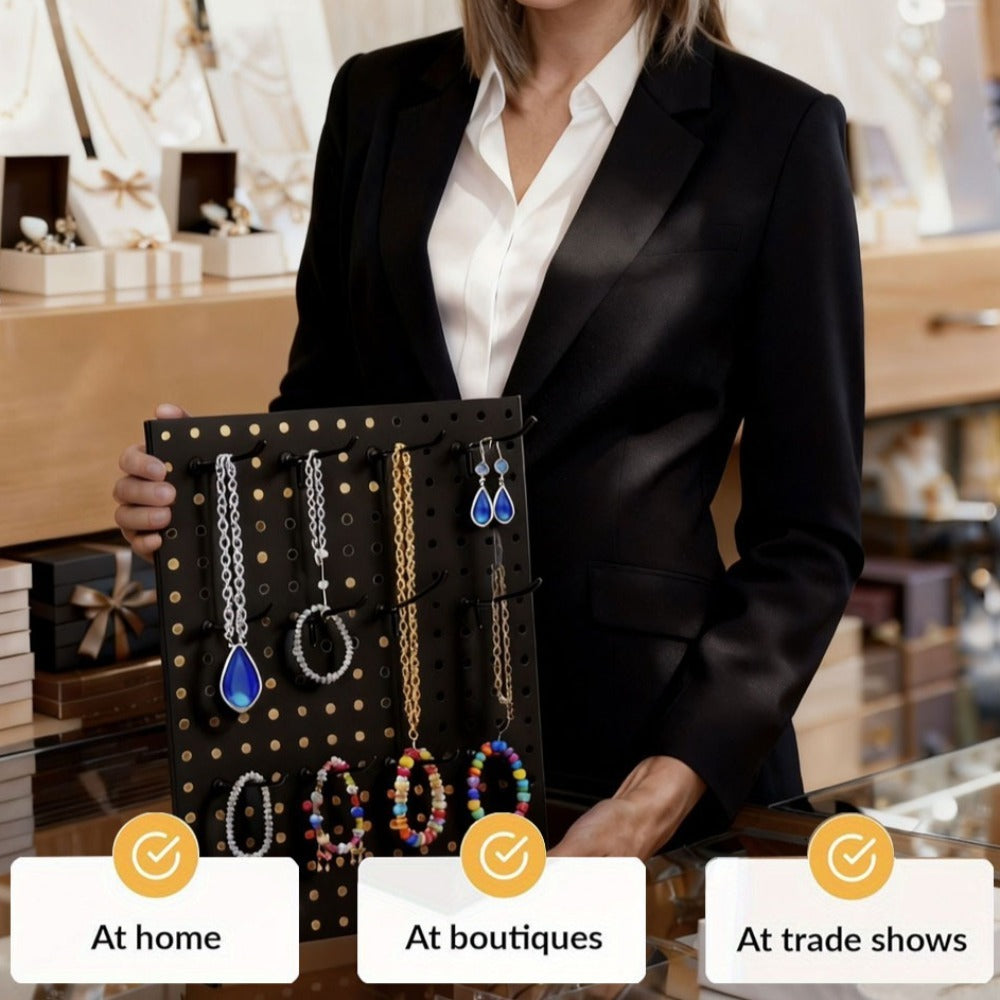 Pegboard Jewelry Display Stand with 12 Removable Peg Hooks Countertop Jewelry Organizer Rack Freestanding Iron Hole Board Display Tower for Necklace Earring Bracelet Ring Accessories Black White