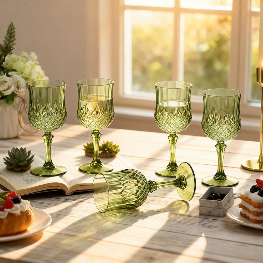 Plastic Champagne Glasses 48 Pack ¨C 7oz Stemmed Crystal Clear Reusable Cups for Wedding, Party, Bridal Shower, Christmas, Halloween, Stackable Shockproof Vintage Stem Glasses, Transparent Green Blue