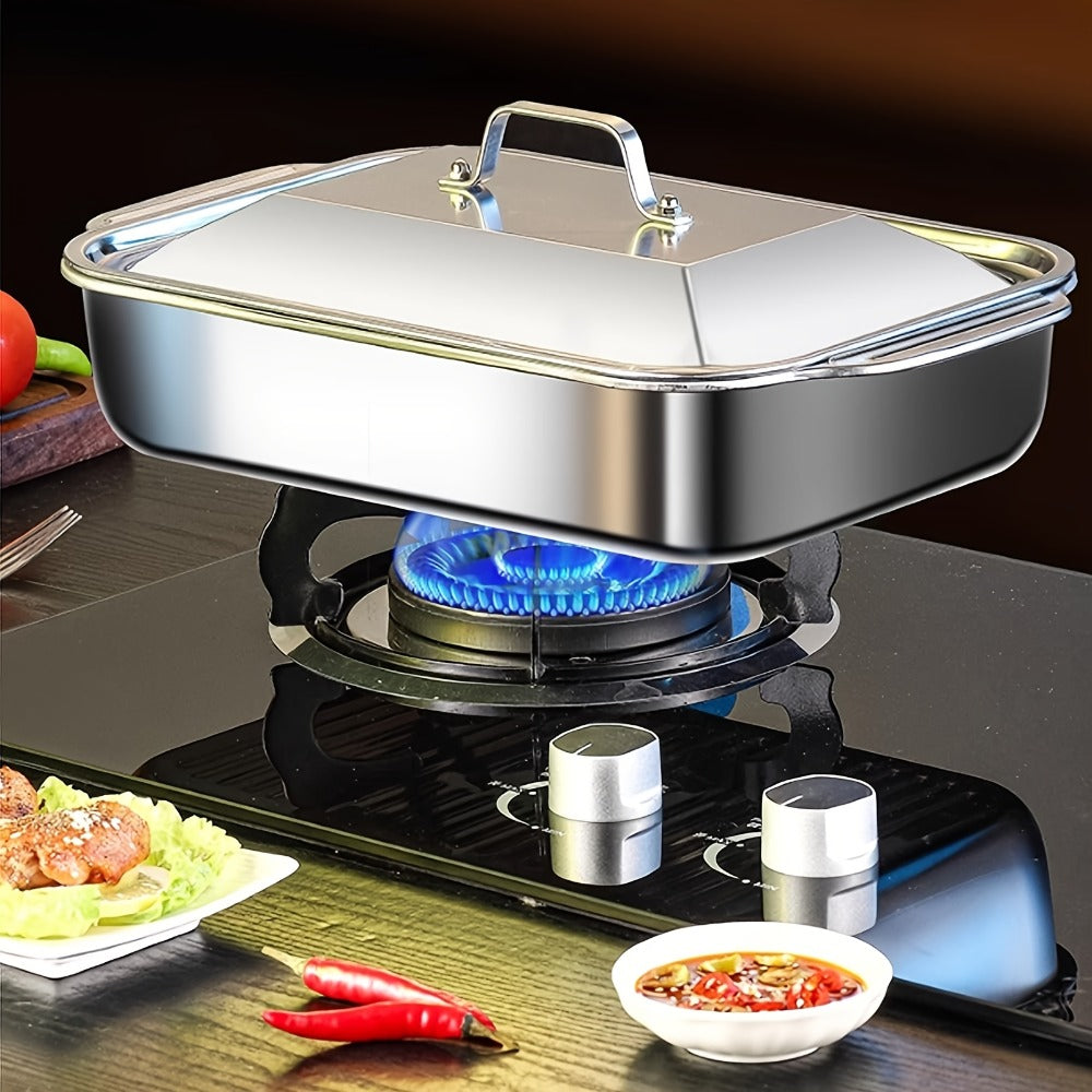 Stainless Steel Deep Baking Tray with Lid 4-Piece Set, 1.59 Gallon Rectangular Roasting Pan with Handle Lids, 16-Inch Dishwasher Safe Deep Tray for Fish BBQ Spaghetti, 2 Trays + 2 Lids