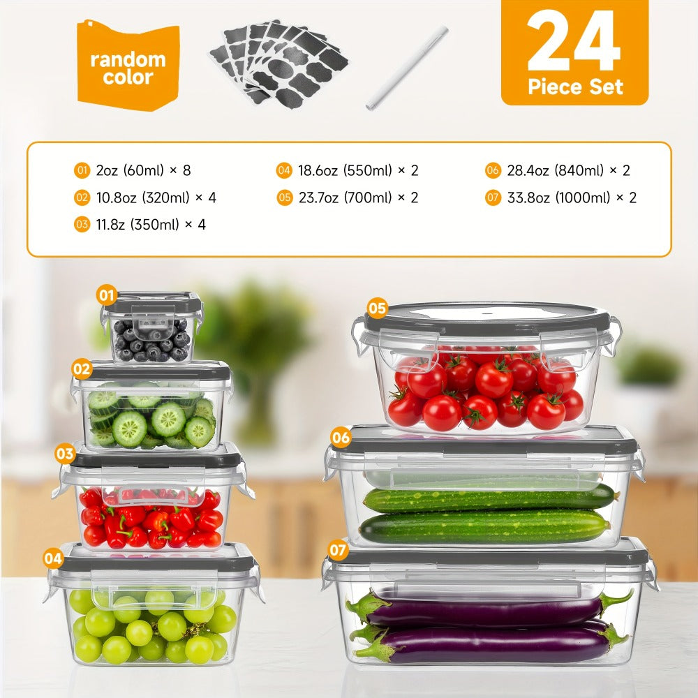 Food Storage Containers Set with Lids 48-Piece | Leak-Proof Stackable Plastic Meal Prep Containers for Kitchen Pantry Refrigerator Freezer Microwave Safe with Labels