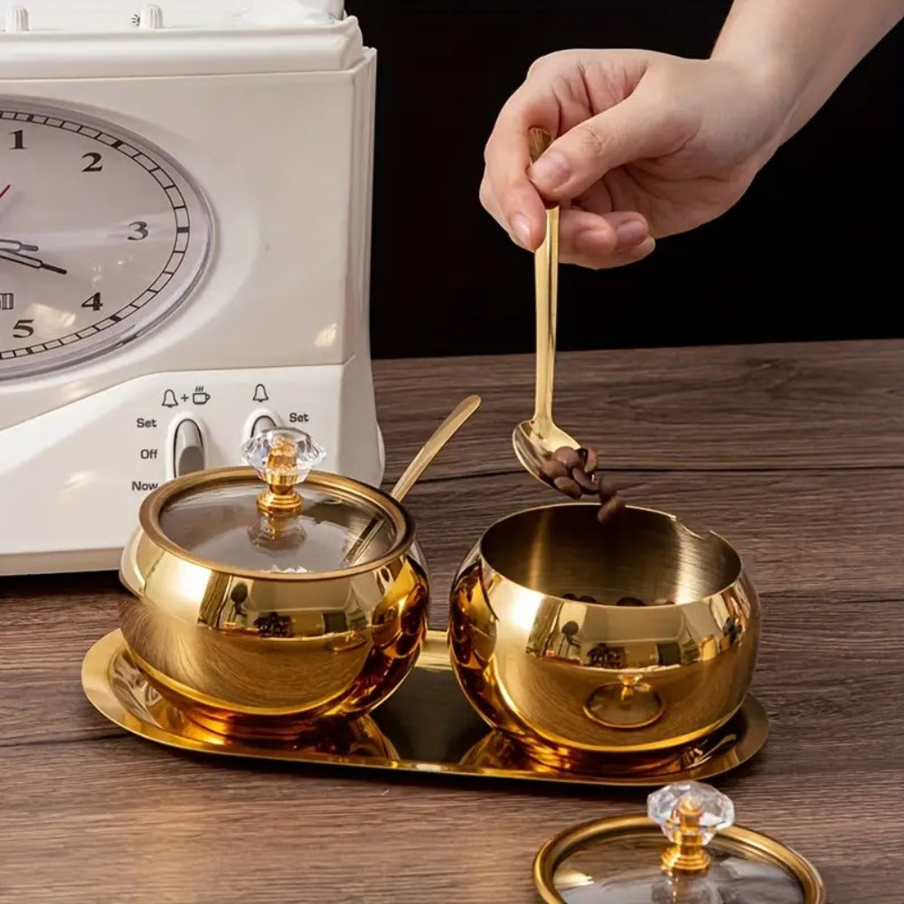 Golden Stainless Steel Seasoning Jar Set 2 or 3pcs Spice Containers with Lid and Spoon Serving Tray for Pepper Salt Spices Candy Coffee Beans Kitchen Organizer