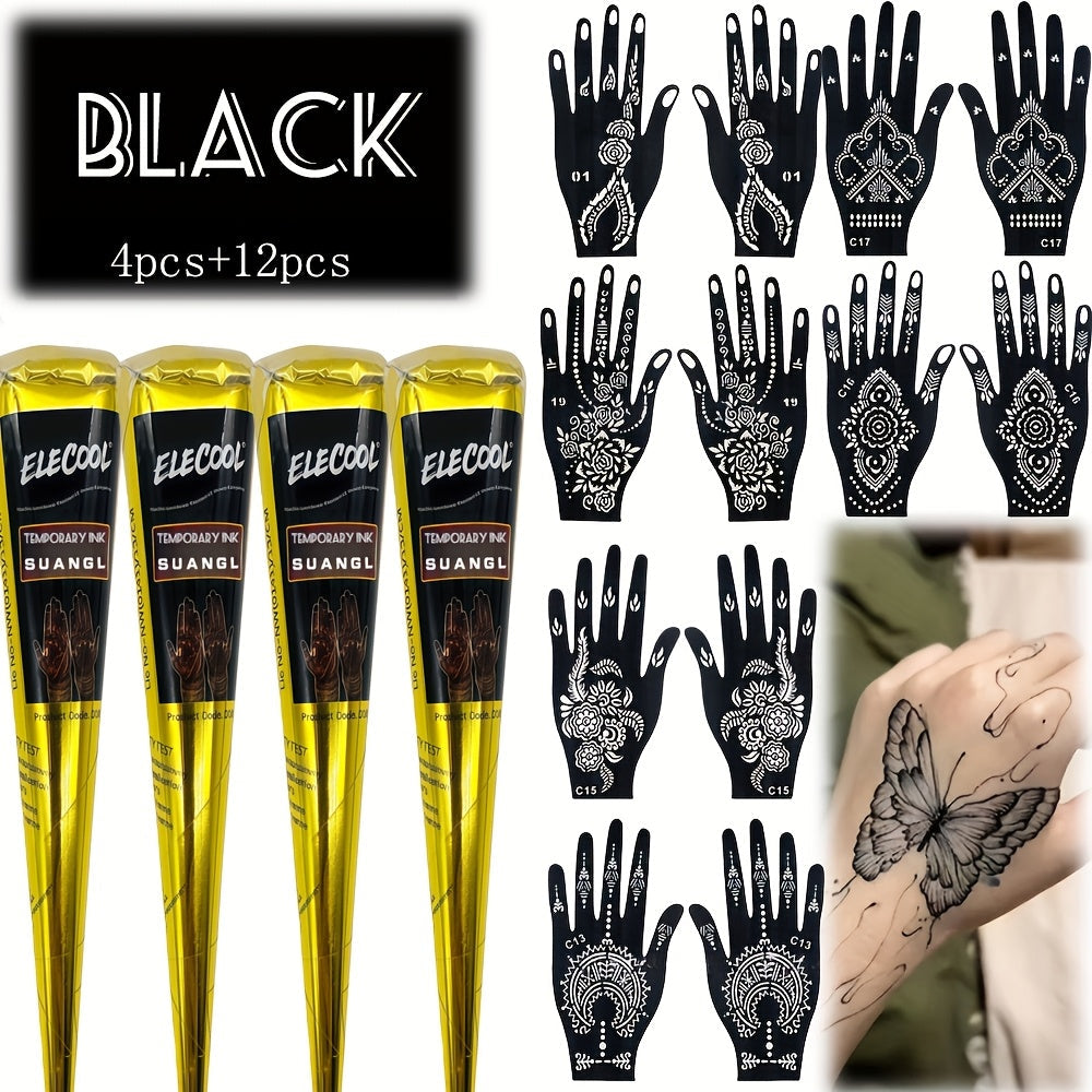 Temporary Semi-Permanent Tattoo Paste Kit - Waterproof Body Art Gel in Brown & Black with Tattoo Templates, Safe Non-Irritating Henna-Style Ink for Parties, Festivals, Cosplay & Daily Decoration