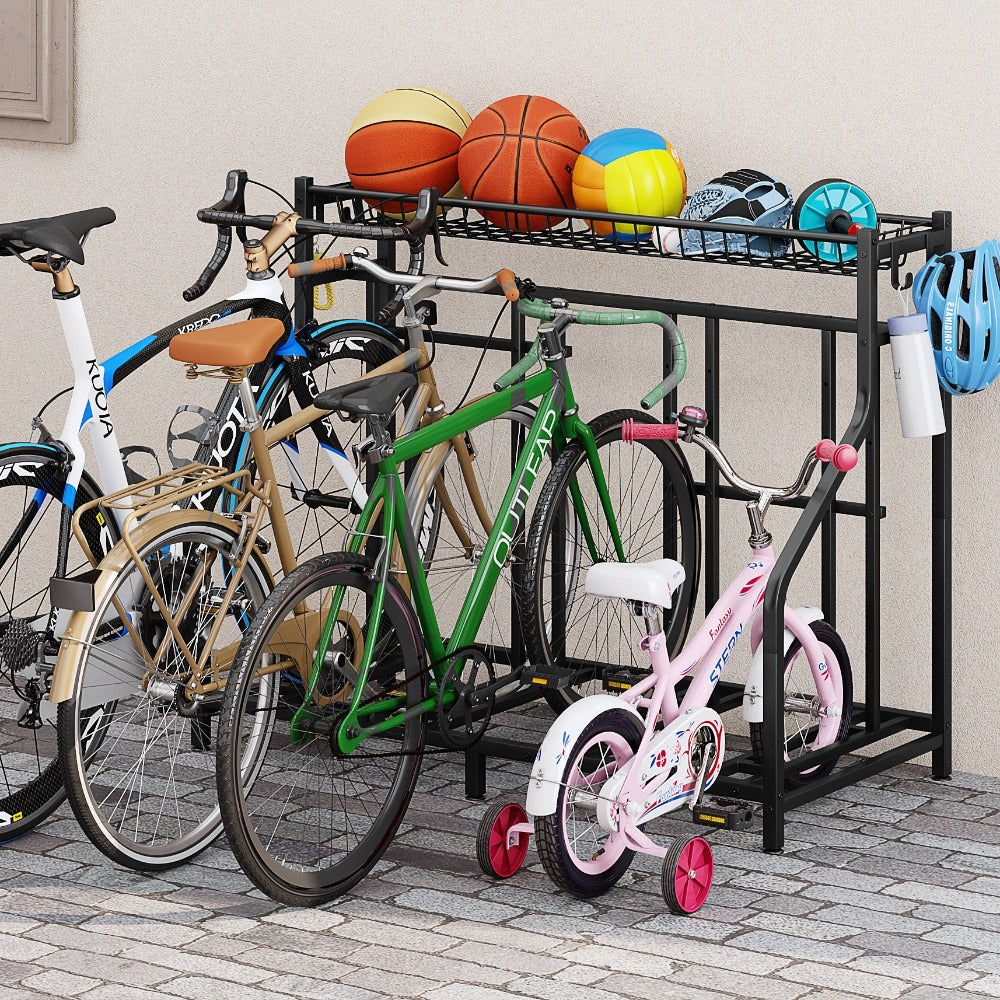 Freestanding Bike Storage Stand with Basket & Hooks ¨C Adjustable Floor Rack for 3-4 Bikes, Indoor Outdoor Garage Organizer