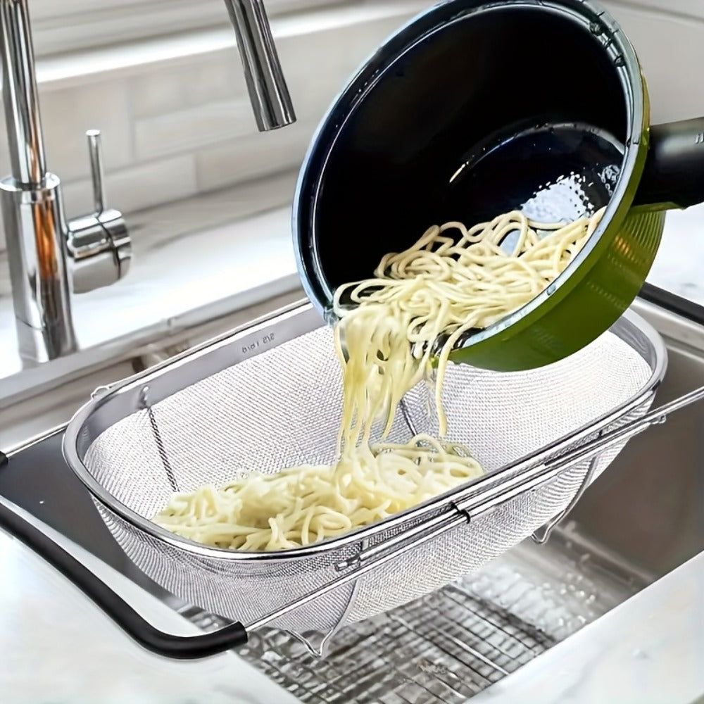 Expandable Sink Colander Stainless Steel ¨C Over the Sink Strainer Basket with Fine Mesh & Rubber Grip, Adjustable Kitchen Drain Strainer for Vegetables, Fruits & Pasta, Small & Large Size