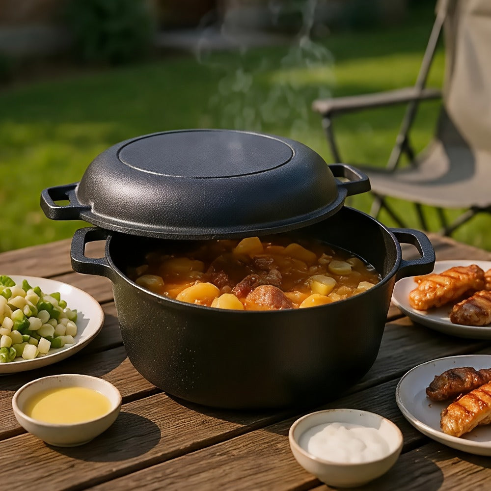 Cast Iron Dutch Oven Set 5.1QT & 7QT with Skillet Lid ¨C Pre-Seasoned 2-in-1 Cookware for Stovetop, Induction, Oven, Campfire & BBQ, Sourdough Bread Baking, Frying, Camping