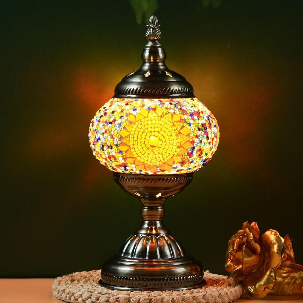 Mosaic Table Lamp Handcrafted Turkish Glass Bedside Lamp 3-Color Dimmable with Metal Base Bulb Included