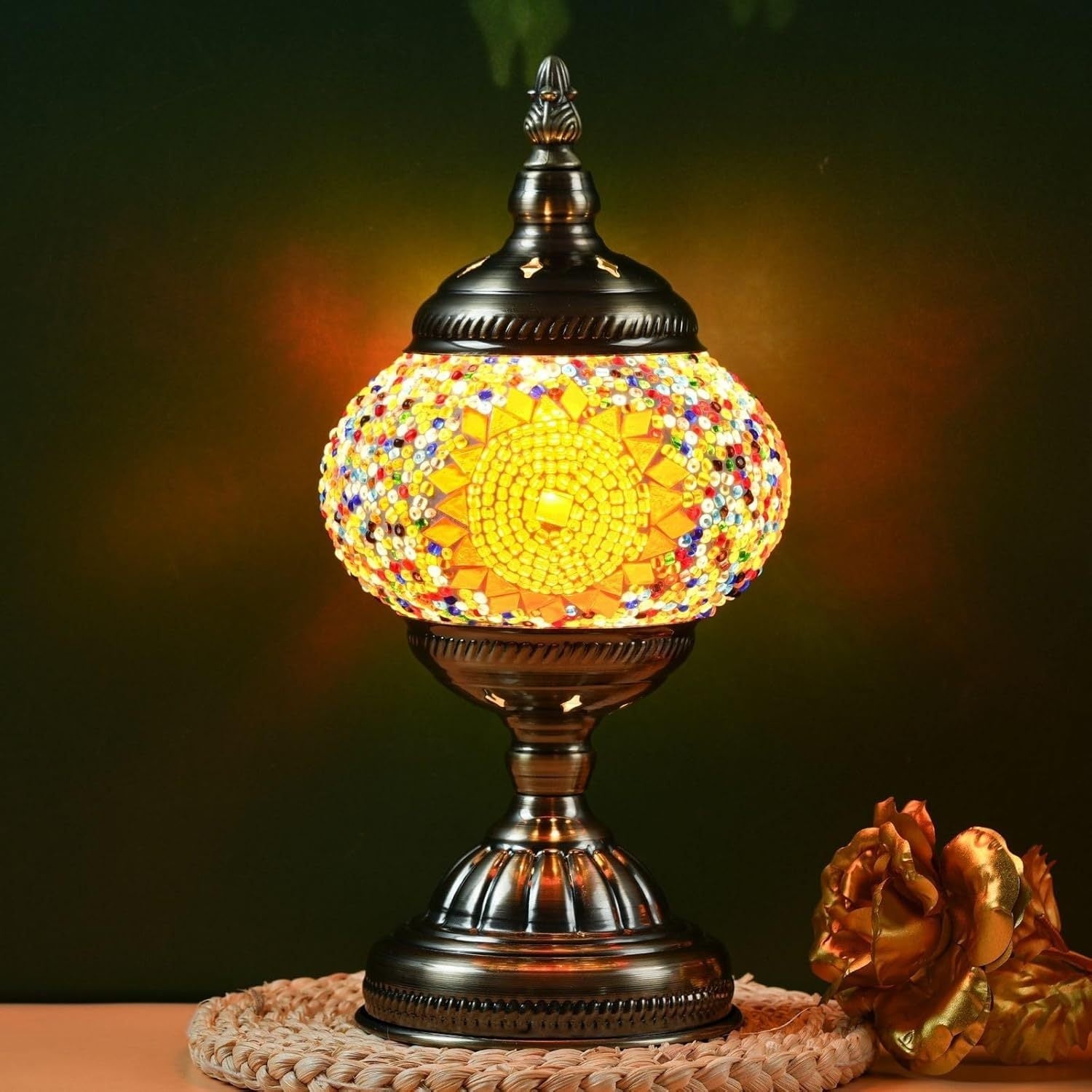 Mosaic Table Lamp Handcrafted Turkish Glass Bedside Lamp 3-Color Dimmable with Metal Base Bulb Included