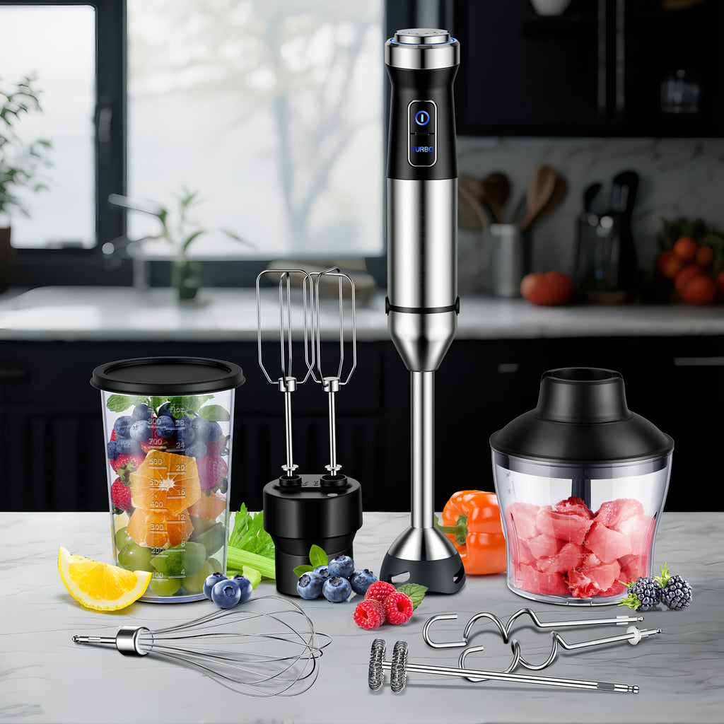 Immersion Blender Handheld 6-in-1 & 7-in-1 1000W 20-Speed Turbo ¨C Titanium Blades BPA-Free with Dough Hooks Egg Beater Whisk Beaker & Chopper | Scratch-Resistant Hand Blender Kitchen Appliance